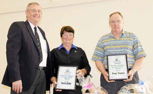 Mayor Ron Dyne congratulates Gympie’s Senior Citizens of the Year, Dorrie Muller and Reg Tame, at the Civic Centre yesterday. Mayor Ron Dyne congratulates Gympie’s Senior Citizens of the Year, Dorrie Muller and Reg Tame, at the Civic Centre yesterday.